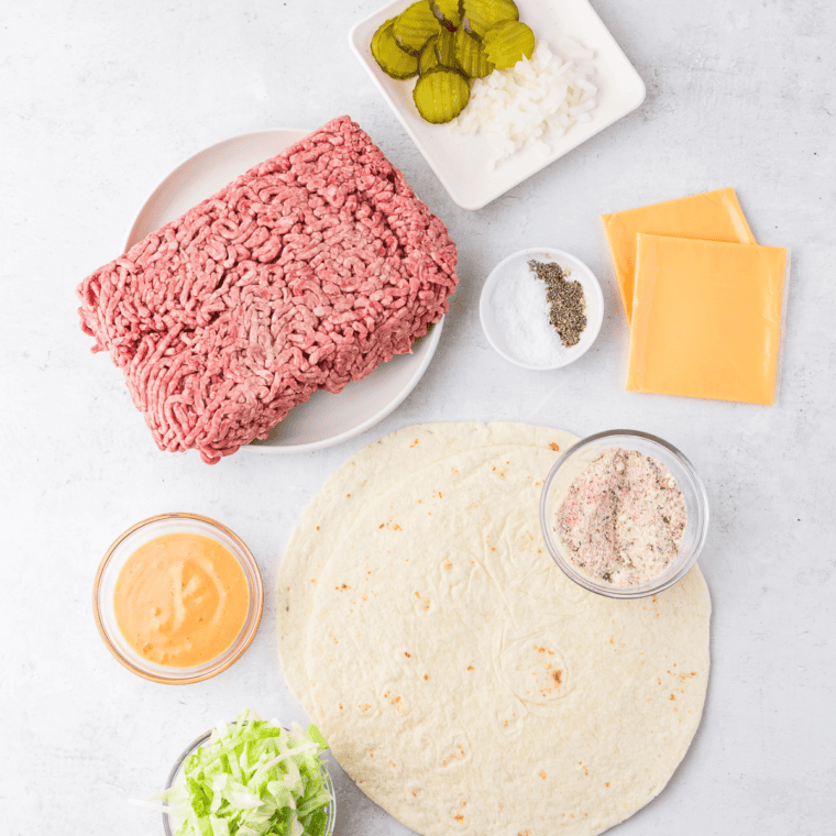 Ingredients needed for Air Fryer Big Mac Wraps on kitchen table.