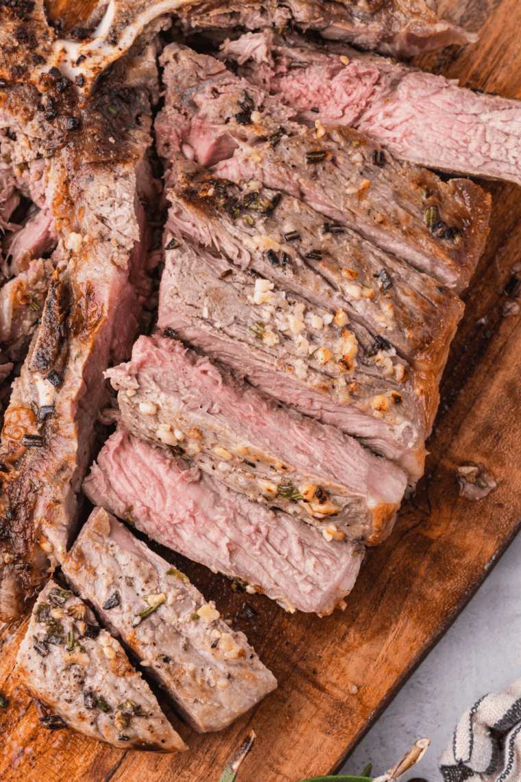 Perfectly cooked Florentine steak served with roasted vegetables.