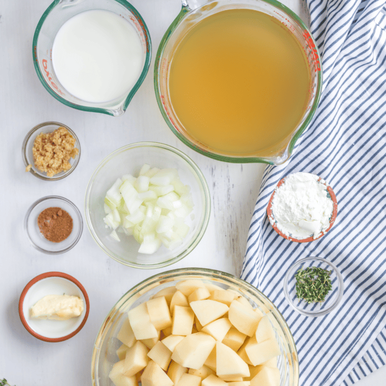 Ingredients needed for Instant Pot Panera Baked Potato Soup Recipe on kitchen table.