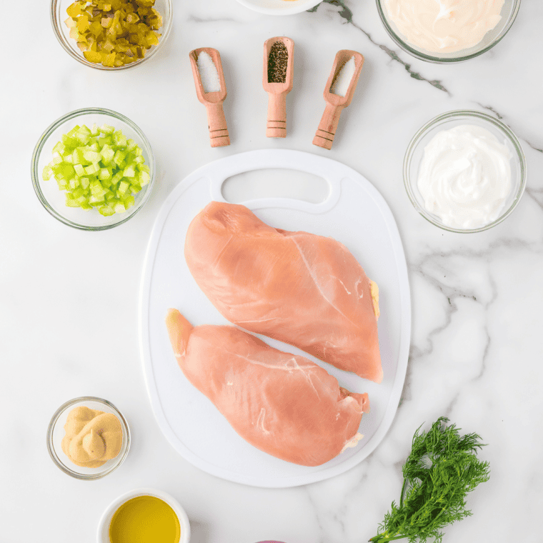 Ingredients Needed For Panera Chicken Salad Recipe on kitchen table.