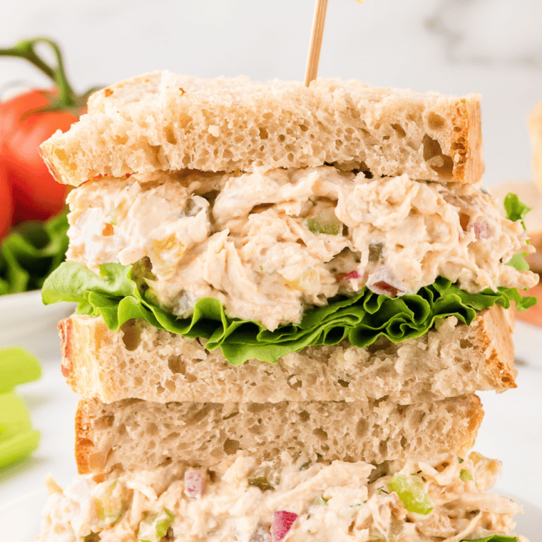 Chopped chicken, sliced almonds, red grapes, and celery mixed with creamy dressing for Napa Almond Chicken Salad.