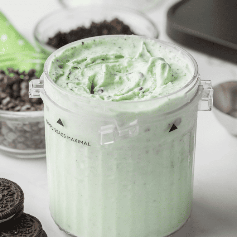 Ninja Creami Mint Oreo Blizzard with mint ice cream, crushed Oreos, and chocolate chips.