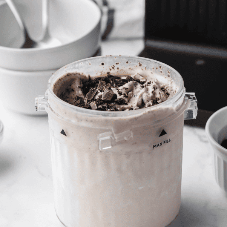 Sonic Blast Chocolate Chunk Brownie Copycat Ninja Creami Recipe served in a bowl with chunks of brownies and chocolate pieces.