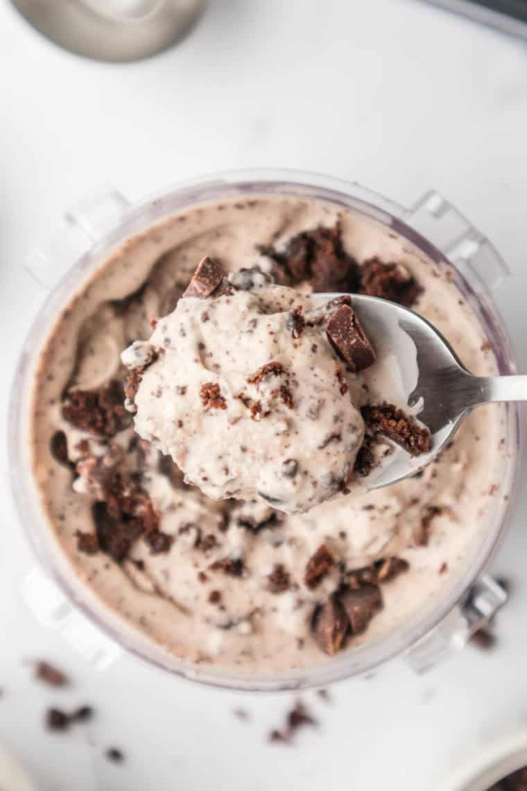 Finished Sonic Blast Chocolate Chunk Brownie Copycat in a Ninja Creami bowl with chocolate chunks and brownies.