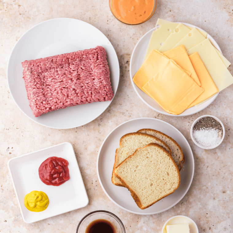 Ingredients needed for Steak and Shake Frisco Patty Melts on kitchen table.