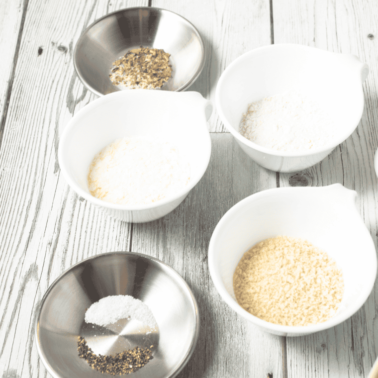 Ingredients needed for Air Fryer Breaded Scallops on kitchen table.