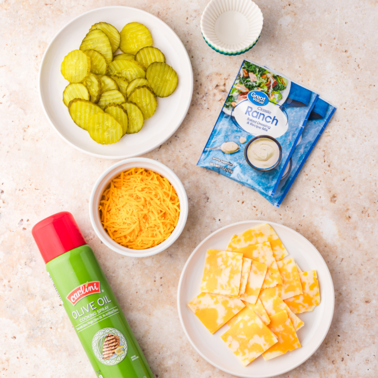 Ingredients needed for Air Fryer Cheddar Ranch Pickle Chips on kitchen table.