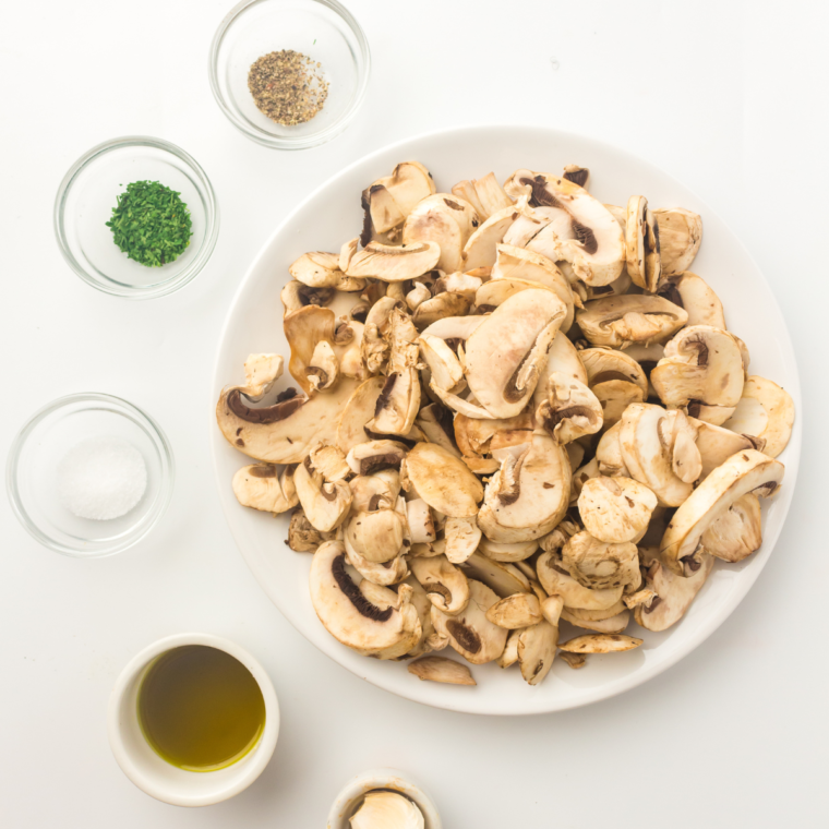 Ingredients needed for Air Fryer Mushroom Toast on kitchen table.