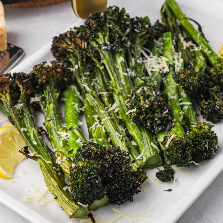Golden, crispy air-fried tenderstem broccoli, lightly seasoned and ready to serve.