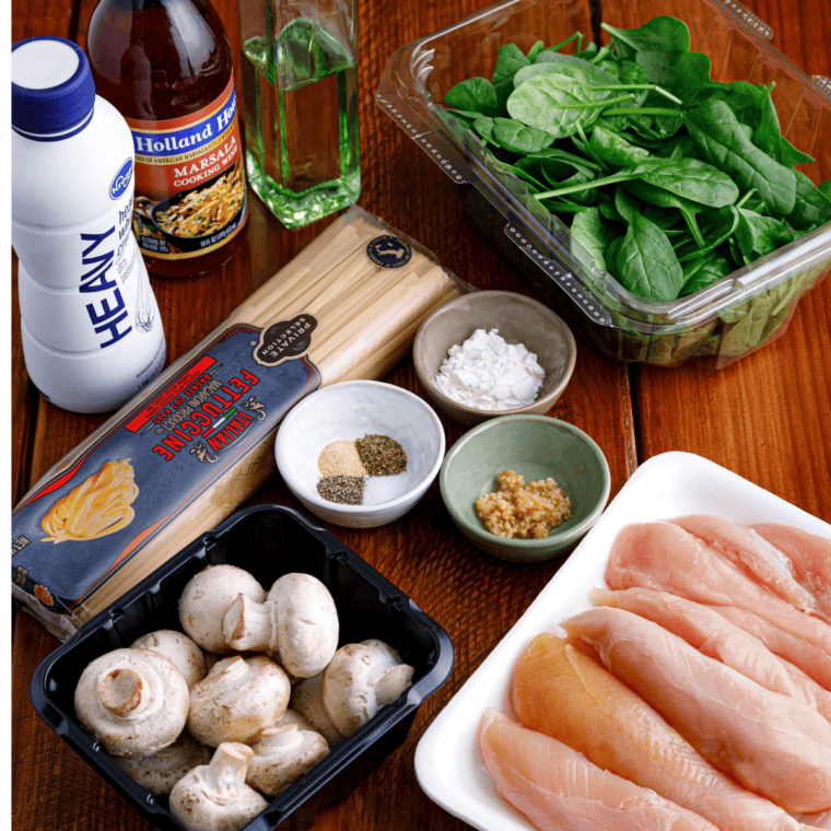 Ingredients in Barefoot Contessa Chicken Marsala Recipe on kitchen table.