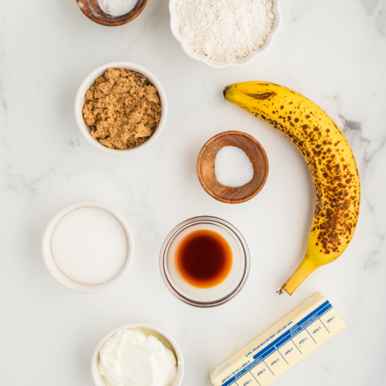 Ingredients needed for Best Weight Watchers Banana Bread Recipe on kitchen table.