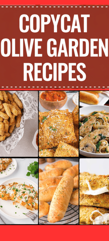 Homemade copycat Olive Garden dishes including pasta, soup, salad, and breadsticks served on a rustic table