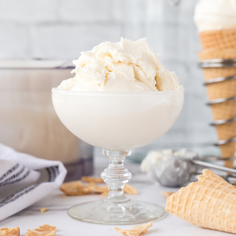 Bowl of rich and creamy Ninja Creami dairy-free vanilla ice cream with a spoon and vanilla beans.