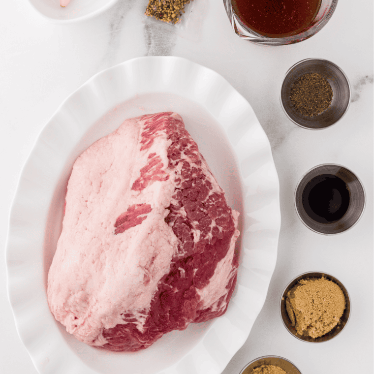 Ingredients needed for Slow Cooker Homemade Pastrami on kitchen table