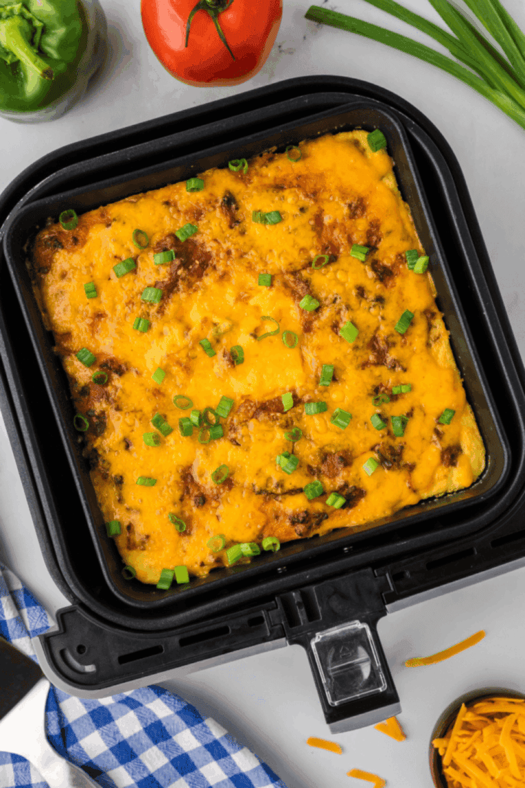 Air fryer ground beef casserole served hot in a baking dish