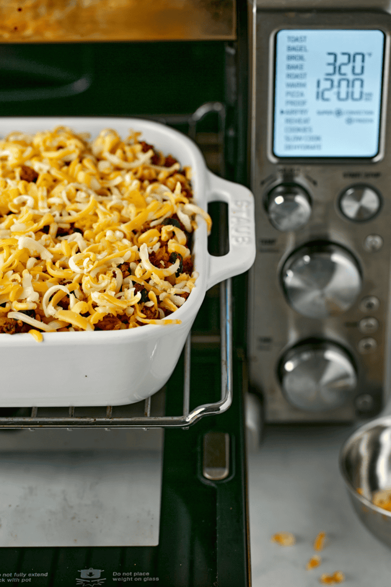 Air Fryer Mexican Rice Casserole with seasoned rice, beans, corn, and cheese.