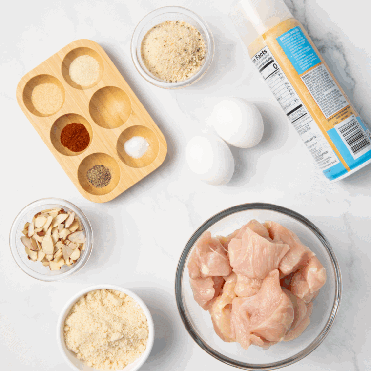 Ingredients needed for Air Fryer Panda Express Almond Chicken Recipe on kitchen table.