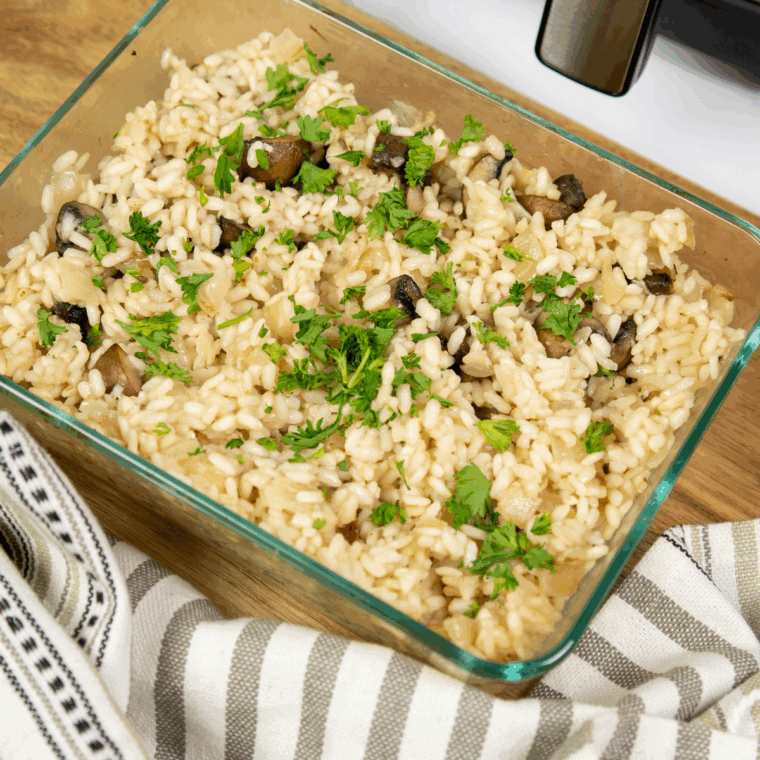 Finished risotto with a velvety, creamy texture in the air fryer pan