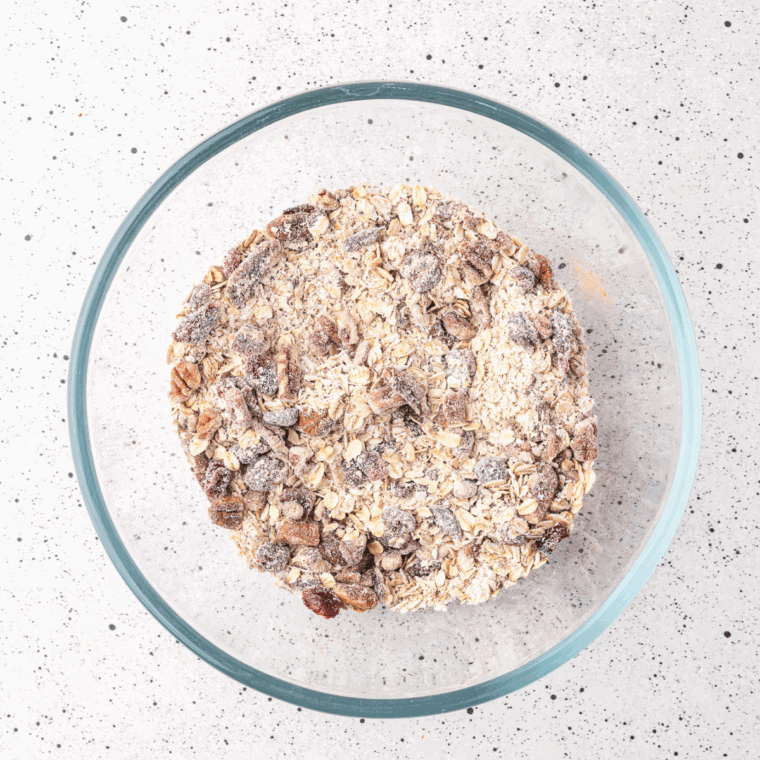 Rolled oats, chopped almonds, chia seeds, and cinnamon mixed in a bowl for low FODMAP granola