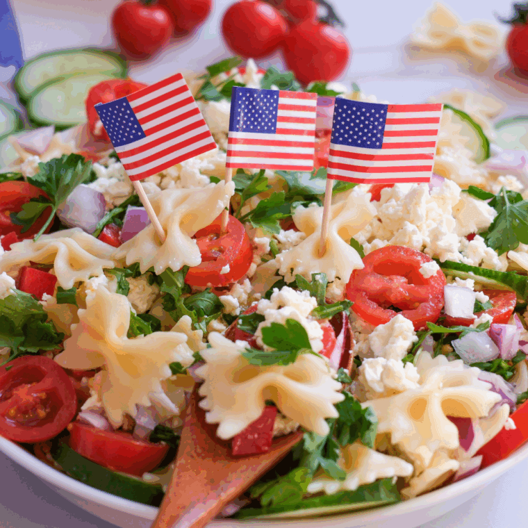 Fourth of July Pasta Salad, a colorful and flavorful pasta salad with fresh veggies, ideal for celebrating Independence Day and summer gatherings.