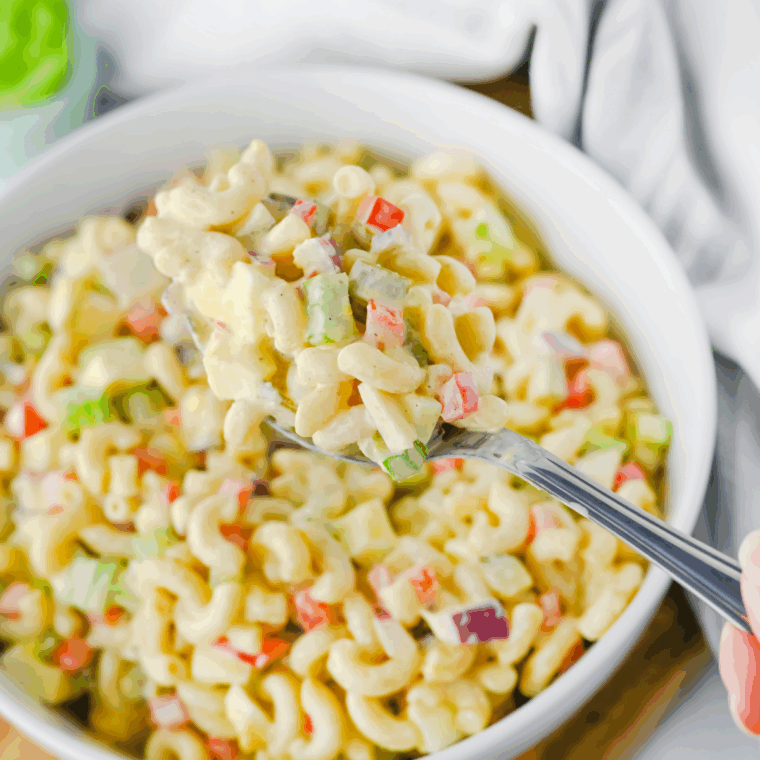 close-up of macaroni salad showing texture.