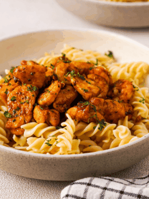 Golden Corral Bourbon Street Chicken copycat served over white rice with a glossy, caramelized glaze.