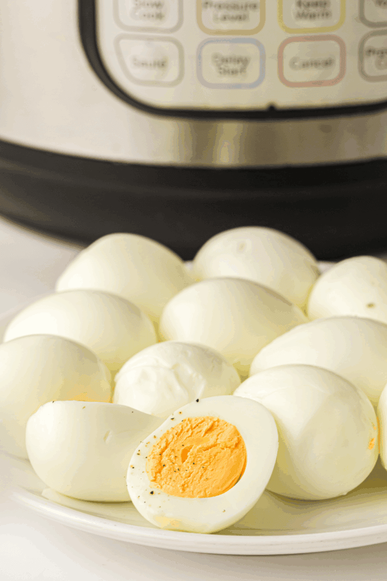 Instant Pot no peel hard-boiled eggs cooked in silicone mold, ready for slicing or chopping.