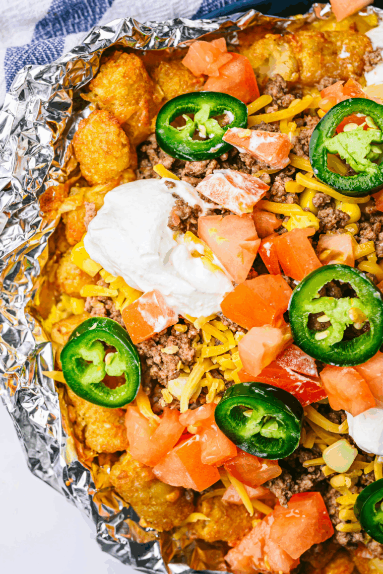 Plate of Air Fryer Beef Totchos, with toppings.