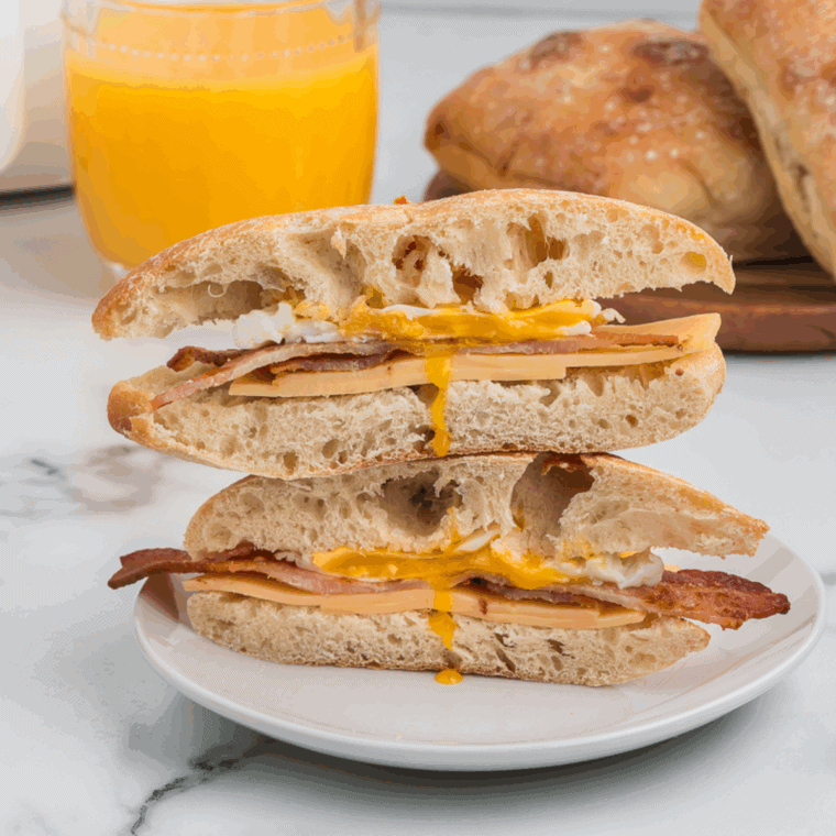 Homemade bacon gouda breakfast sandwich with egg on a toasted ciabatta roll, just like Starbucks.