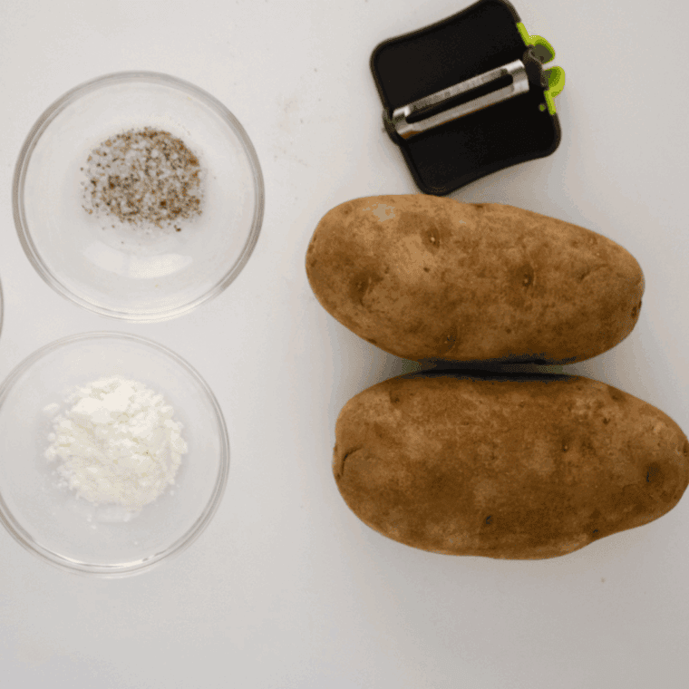 Ingredients needed for Crispy Arby’s Potato Cakes Copycat Recipe on kitchen table.