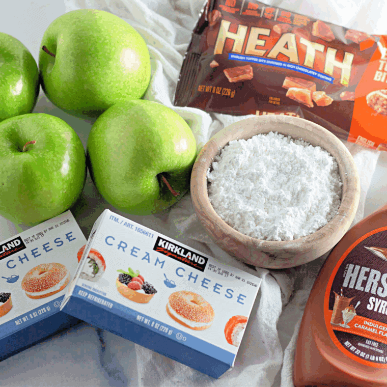 Ingredients needed for Toffee Apple Dip on kitchen table.