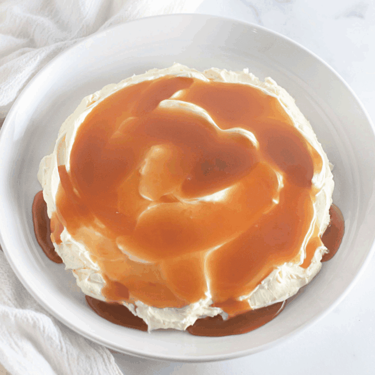 Plate of Toffee Apple Dip on clean white plate.