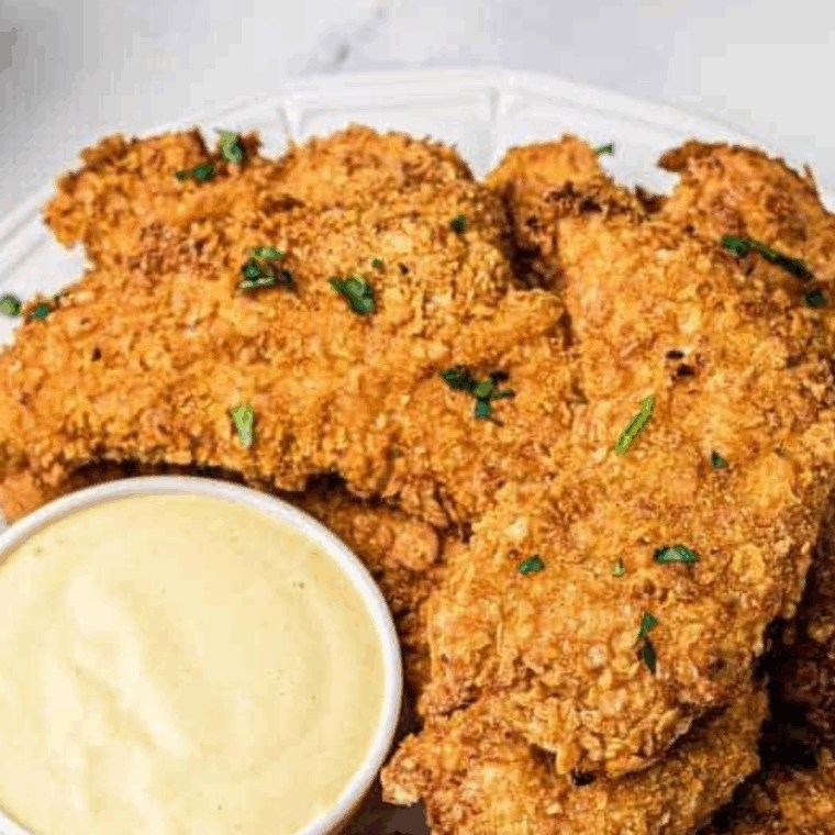 Homemade Arby’s Dijon Honey Mustard sauce in a glass bowl with a spoon, surrounded by chicken tenders and fries