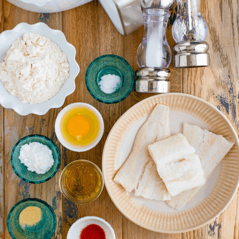 Ingredients needed for Arthur Treacher's Copycat Fish & Chips Recipe on kitchen table.