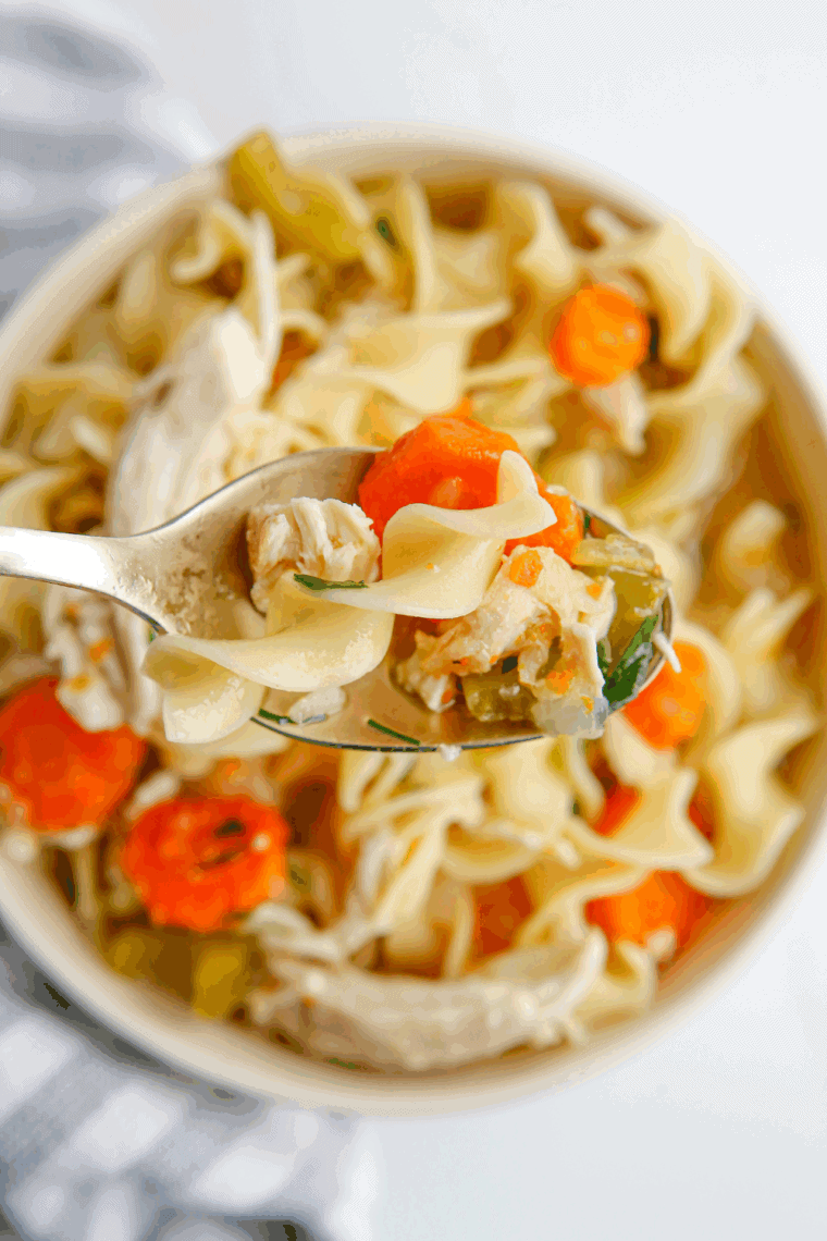 A bowl of homemade Bob Evans style chicken noodle soup with shredded chicken, egg noodles, carrots, celery, and fresh parsley garnish