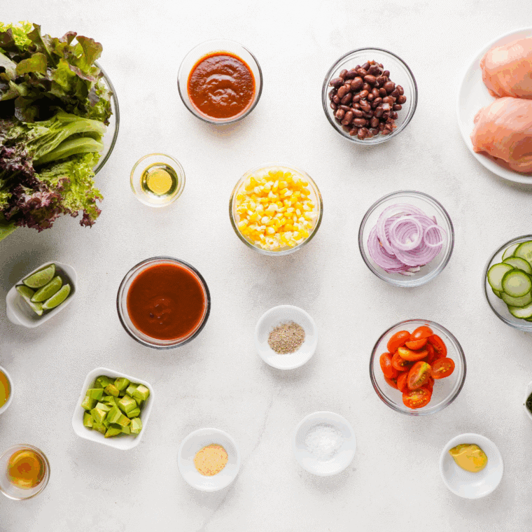 Ingredients needed for Copycat Panera BBQ Chicken Salad on kitchen table.
