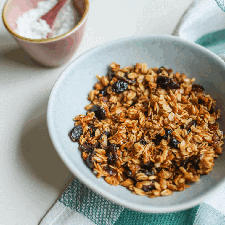 Close-up of crunchy gluten-free granola clusters with pumpkin and sunflower seeds