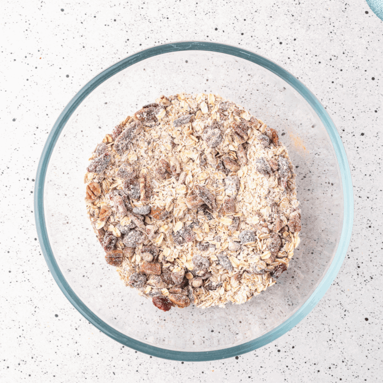 Oats, seeds, and coconut flakes combined in a large mixing bowl