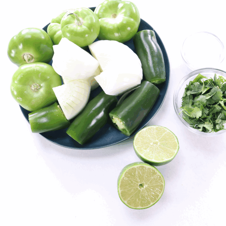 Ingredients needed for Abuelo’s Copycat Fresh Tomatillo Salsa on kitchen table.