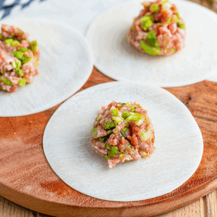 Filling gyoza wrappers with pork mixture and folding pleats to seal tightly.