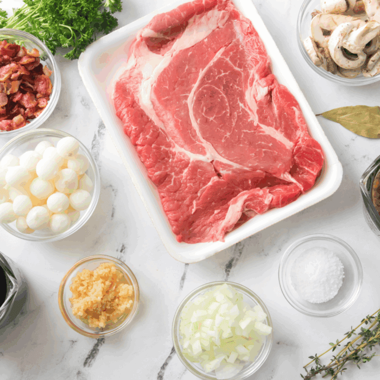 Ingredients needed for Bob Evan's Pot Roast Recipe on kitchen table.