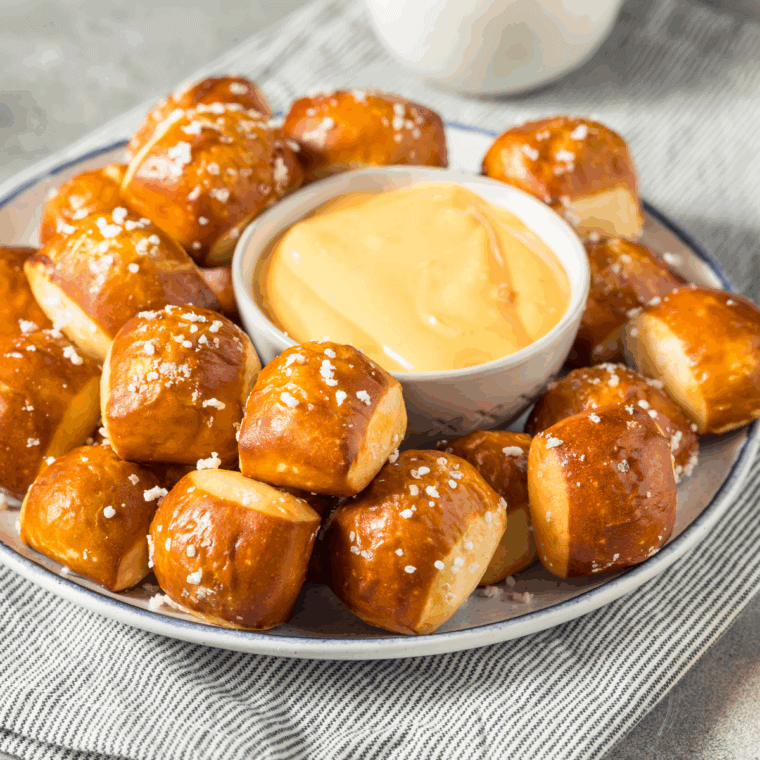 Golden pretzel nuggets with a bowl of creamy homemade Copycat Auntie Anne’s cheese dip.