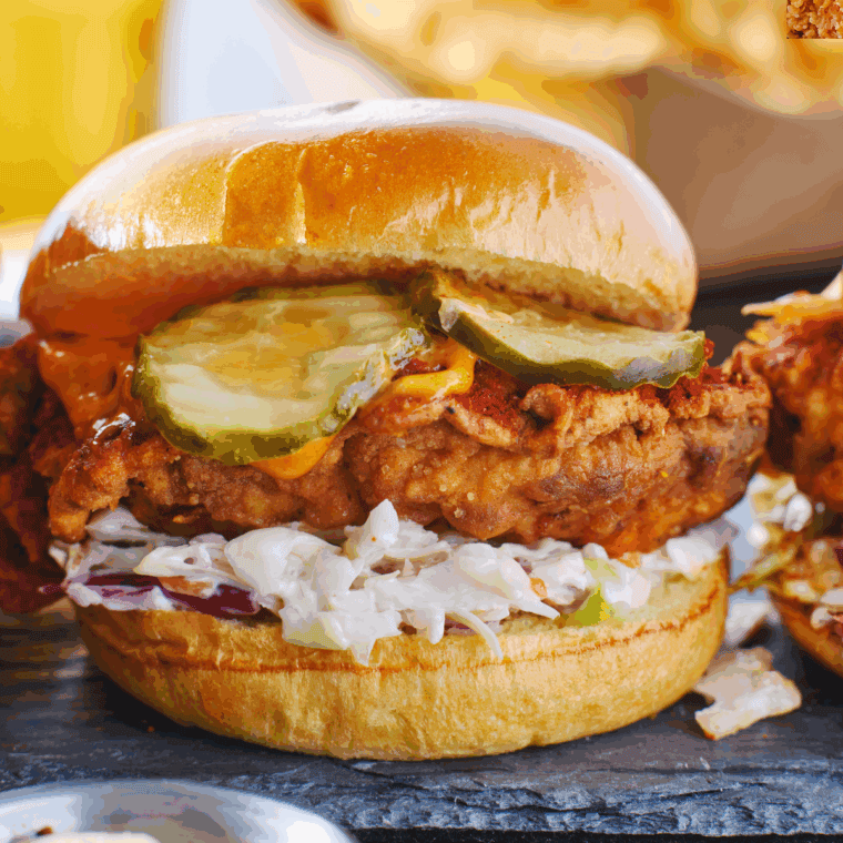 Plate of chicken sandwich with coleslaw on top.