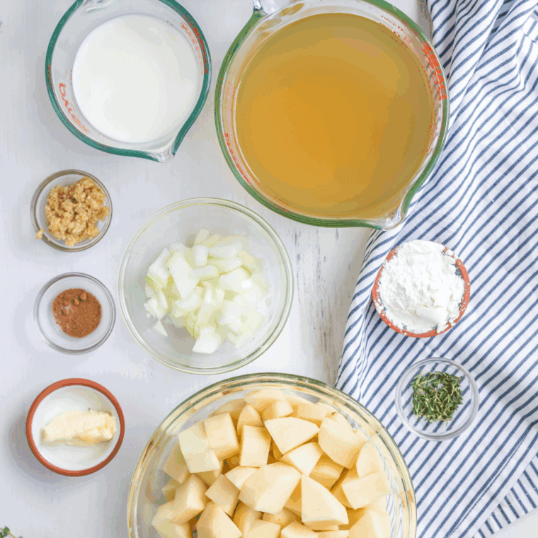 Ingredients needed for Copycat Jason’s Deli Irish Potato Soup on kitchen table.