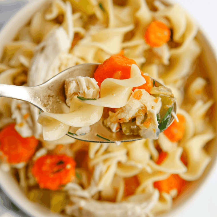Homemade Jason’s Deli chicken noodle soup in a bowl