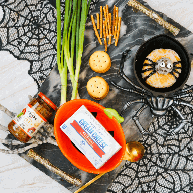 Ingredients needed for Mini Pumpkin Cheese Ball on kitchen table.