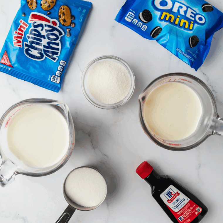 Ingredients needed for Easy Ninja Creami Cookie Monster Ice Cream on kitchen table.