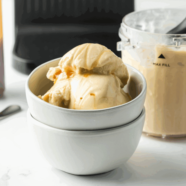 Bowl of Ninja Creami non-dairy Jamoca chip ice cream with chocolate chips