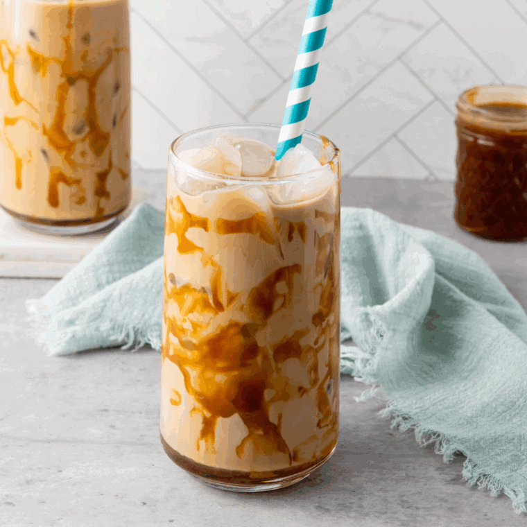 Glass of homemade Tim Hortons-style Iced Capp with frothy top.