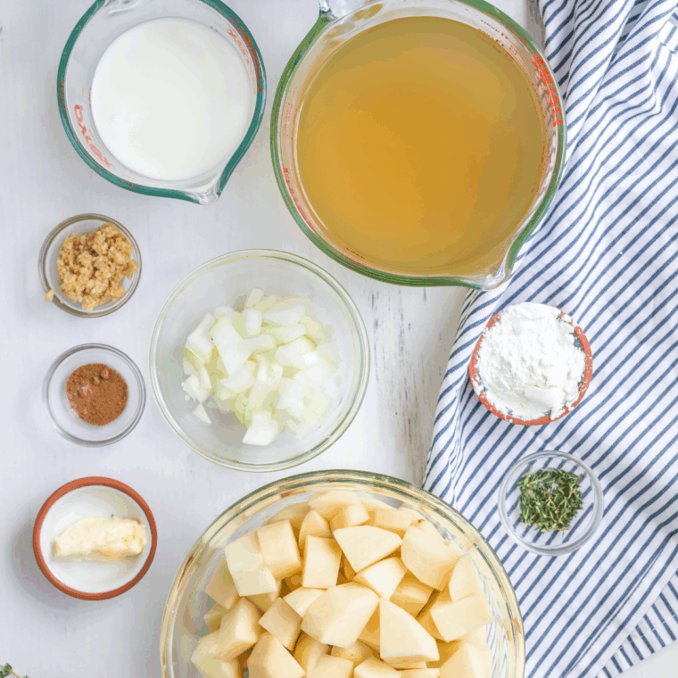 Ingredients needed for Copycat La Madeleine Country Potato Soup on kitchen table.